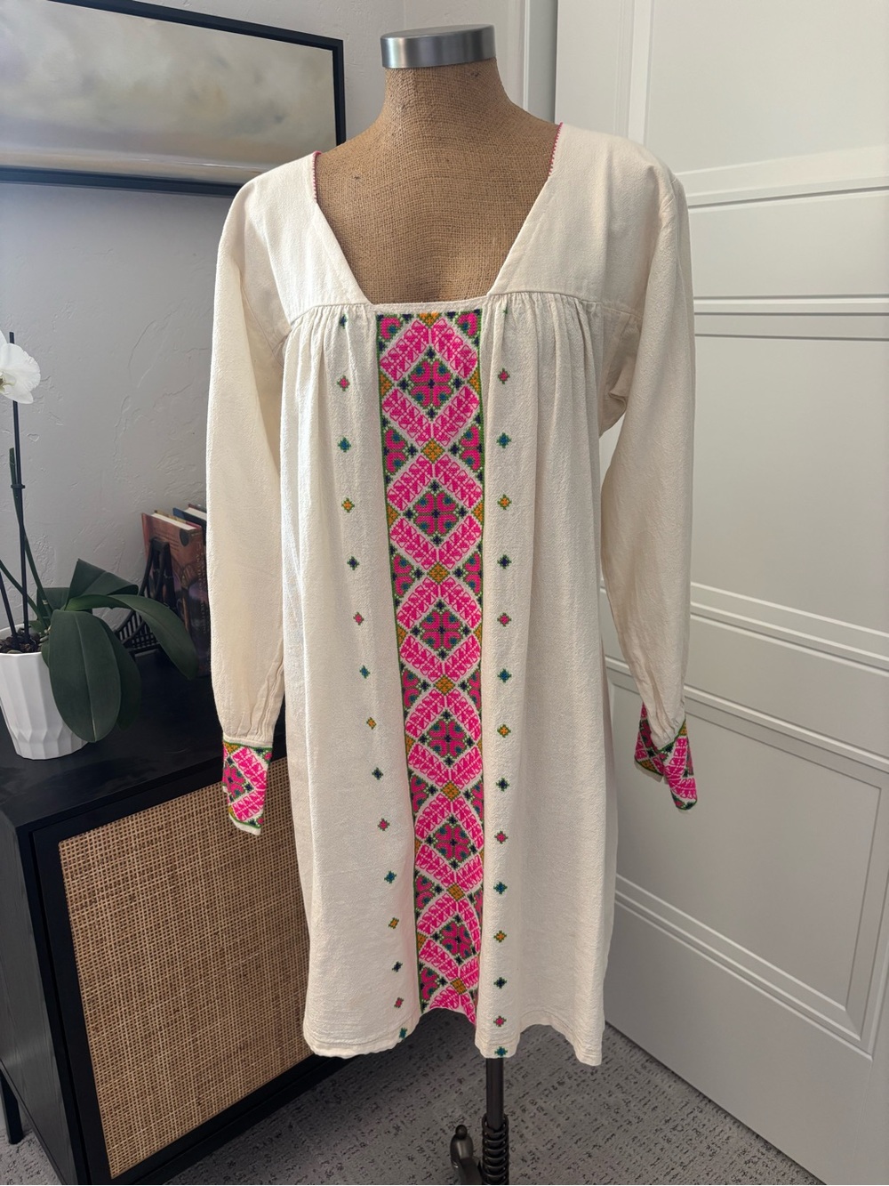 Oaxacan Hand Crafted Cream Mini Dress with Pink & Green Embroidery